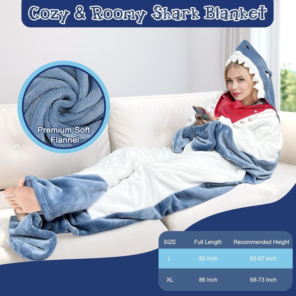 9529 Shark Blanket Hoodie Onesie & , Upgraded Zipper Design, Arms & Feet - Picture 3 of 6